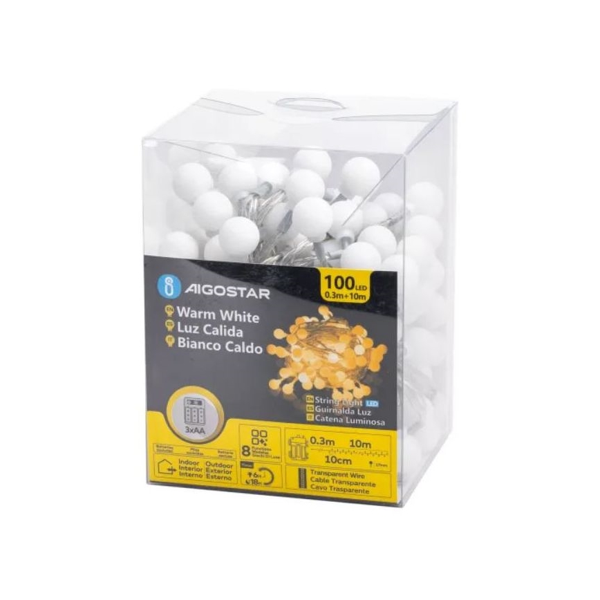 Aigostar - LED udendørs lyskæde 100xLED/3xAA/8 funktioner 10,3 m IP44 varm hvid