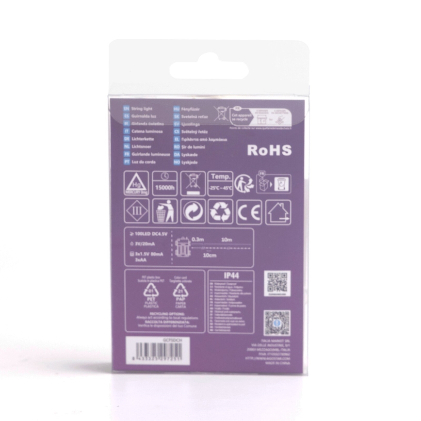 Aigostar - LED Udendørs lyskæde 100xLED/8 funktioner/3xAA 10,3m IP44 kølig hvid