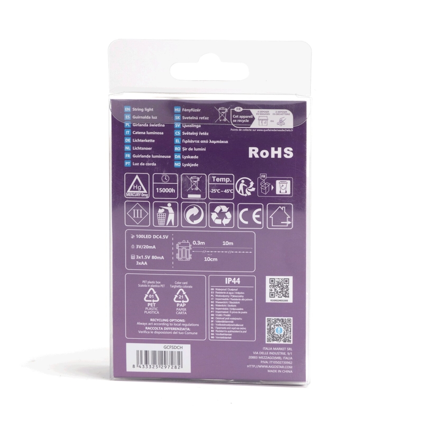 Aigostar - LED Udendørs  lyskæde 100xLED/8 funktioner/3xAA10,3m IP44 multifarvet