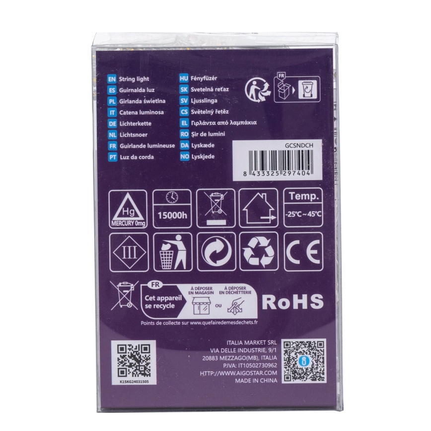 Aigostar -LED udendørs lyskæde 100xLED/8 funktioner 3xAA 10,3m IP44 varmhvid