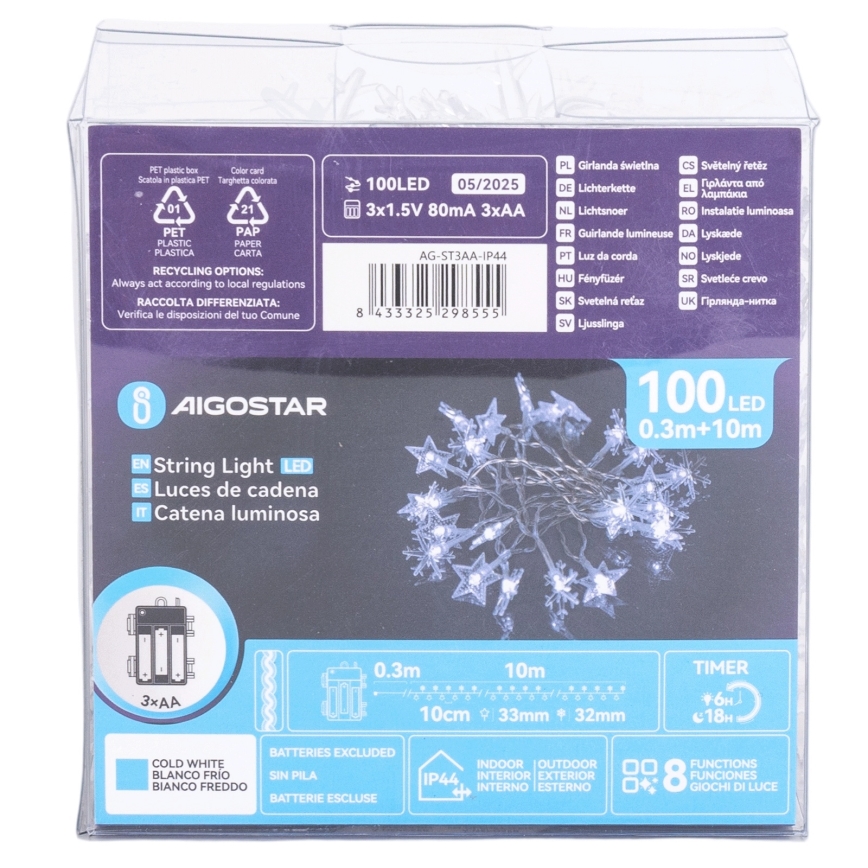 Aigostar - LED udendørs lyskæde 100xLED/8 funktioner 3xAA 10 m IP44 kold hvid