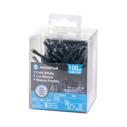 Aigostar - LED udendørs lyskæde 100 LED / 8 funktioner, 3xAA, 5,3 m, IP44, kold hvid