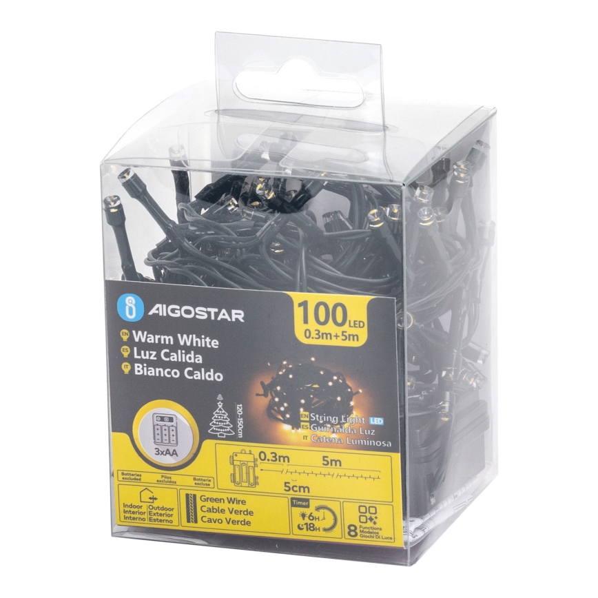 Aigostar - LED udendørs lyskæde 100xLED/8 funktioner 3xAA 5,3 m IP44 varm hvid