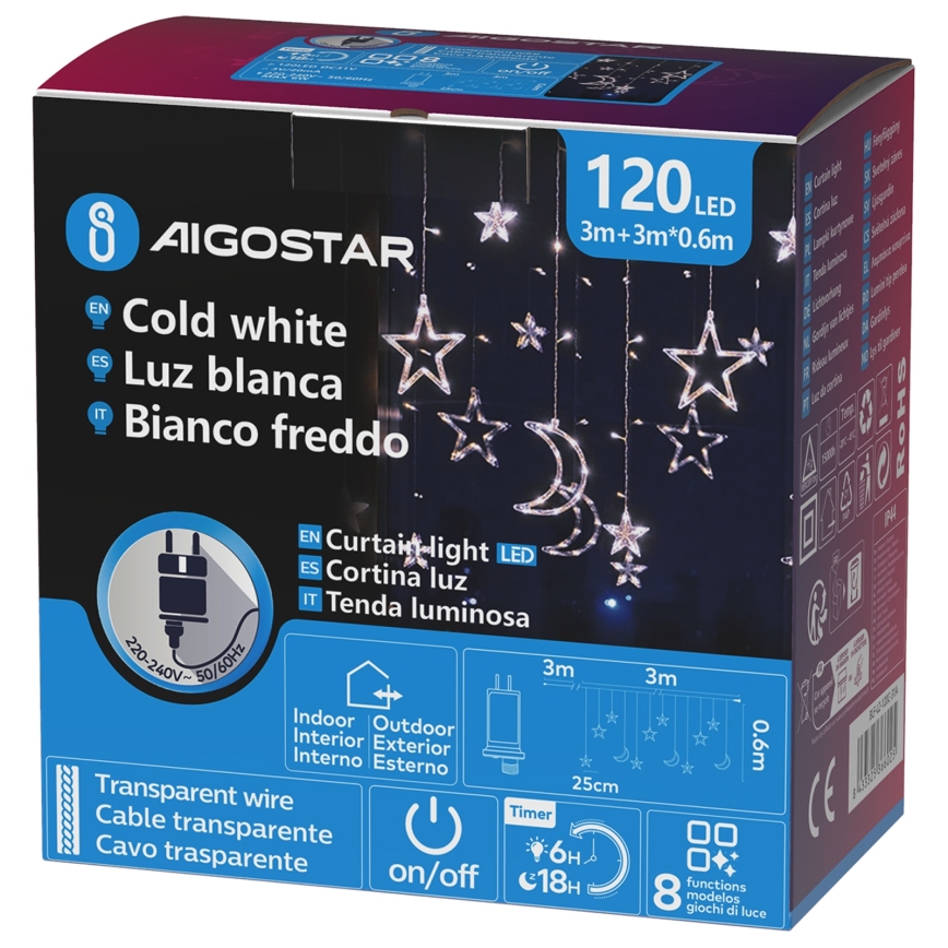 Aigostar - LED udendørs julelyskæde 120xLED/6W/230V/8 funktioner 3x0,6m IP44 kold hvid + fjernbetjening