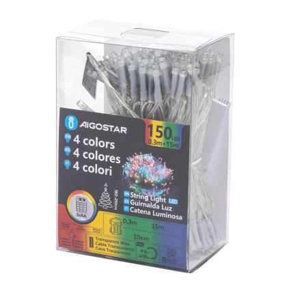 Aigostar - LED udendørs lyskæde, 150 LED, 8 funktioner, 3xAA, 15,3 m, IP44, multifarvet