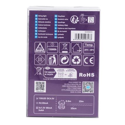 Aigostar - LED udendørs lyskæde, 150 LED, 8 funktioner, 3xAA, 15,3 m, IP44, multifarvet