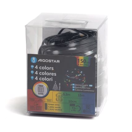 Aigostar - LED udendørs lyskæde 150xLED/8 funktioner 3xAA 15,3m IP44 multifarvet