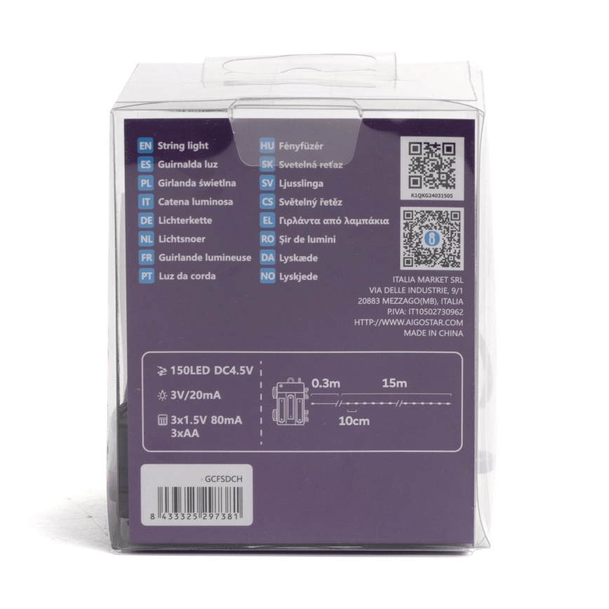 Aigostar - LED udendørs lyskæde 150xLED/8 funktioner 3xAA 15,3m IP44 multifarvet