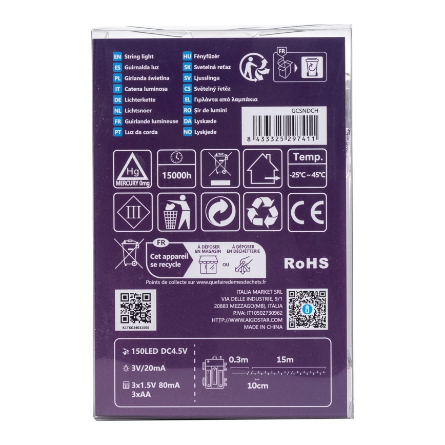 Aigostar -LED udendørs lyskæde 150xLED/8 funktioner 3xAA 15,3m IP44 varm hvid