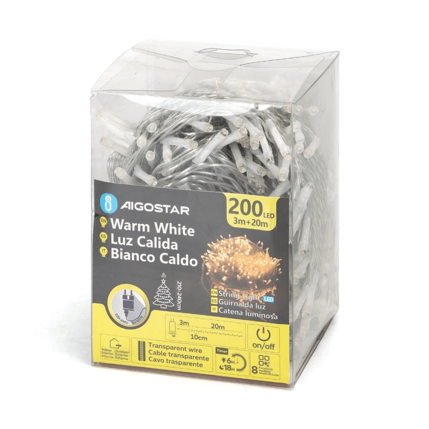 Aigostar - LED udendørs lyskæde 200 LED / 8 funktioner, 23 m, IP44, varm hvid