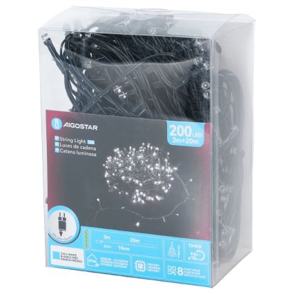 Aigostar - LED udendørs lyskæde 200 LED/8 funktioner 20 m IP44 kold hvid