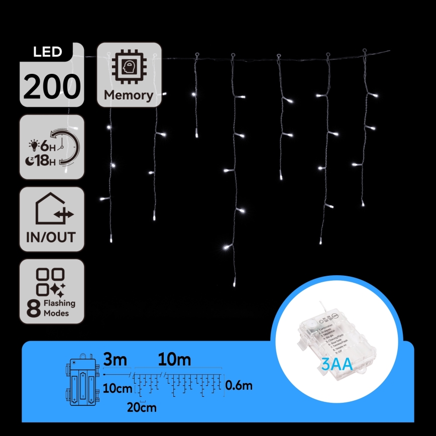 Aigostar - LED udendørs lyskæde, 200 LED/8 funktioner, 3xAA, 13 x 0,6 m, IP44, kold hvid