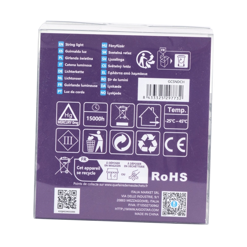 Aigostar -LED Udendørs lyskæde 200xLED/8 funktioner 3xAA 10,3m IP44 multifarvet