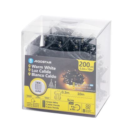 Aigostar - LED-udendørs lyskæde 200 LED / 8 funktioner 3 x AA-batterier 10,3 m IP44 varm hvid