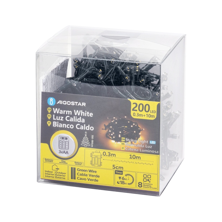 Aigostar - LED-udendørs lyskæde 200 LED / 8 funktioner 3 x AA-batterier 10,3 m IP44 varm hvid