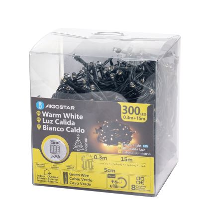 Aigostar-LED udendørs lyskæde 300 LED/8 funktioner 3xAA 15,3 m IP44 varm hvid