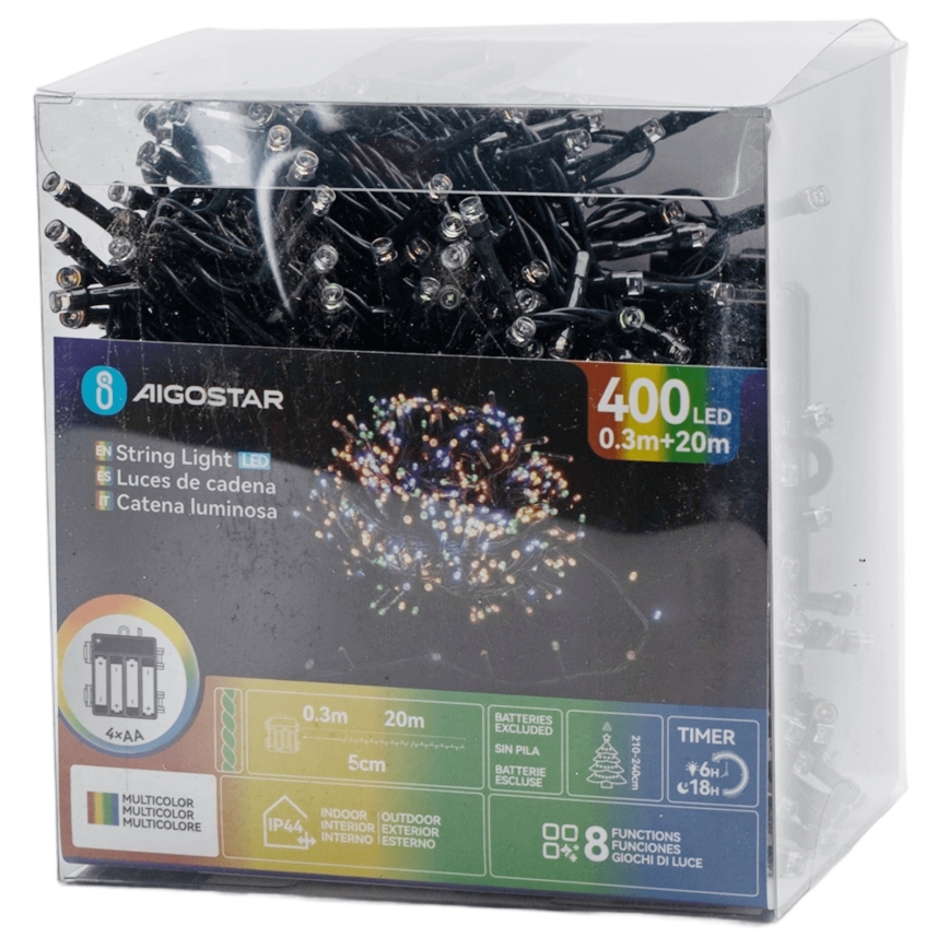 Aigostar - LED udendørs lyskæde 400xLED/8 funktioner 4xAA 20,3 m IP44 multifarvet