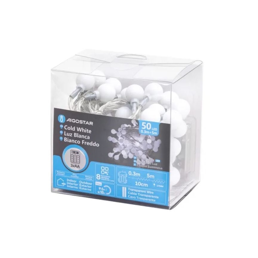 Aigostar - LED udendørs lyskæde 50xLED/3xAA/8 funktioner 5,3 m IP44 kold hvid