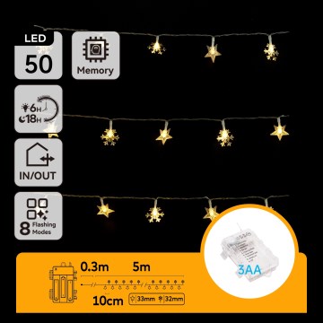 Aigostar - LED udendørs lyskæde 50x LED / 8 funktioner / 3xAA / 5 m / IP44 / varm hvid - stjerner
