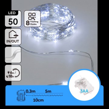 Aigostar - LED udendørs lyskæde 50xLED/3xAA 5,3 m kold hvid