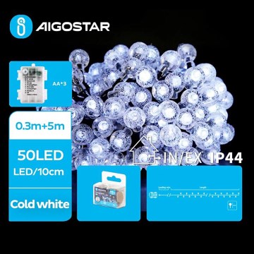 Aigostar - LED Udendørs lyskæde 50xLED/3xAA/8 funktioner 5,3 m IP44 kold hvid