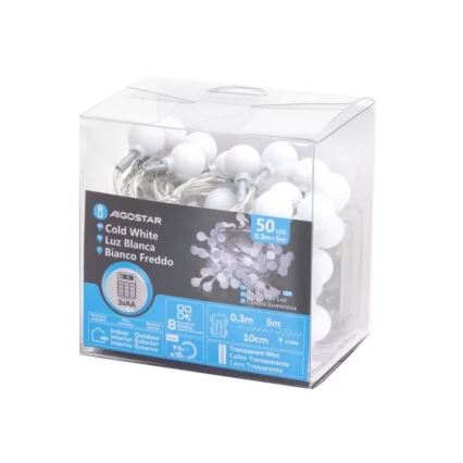 Aigostar - LED udendørs julelyskæde 50xLED/3xAA/8 funktioner 5,3 m IP44 kold hvid