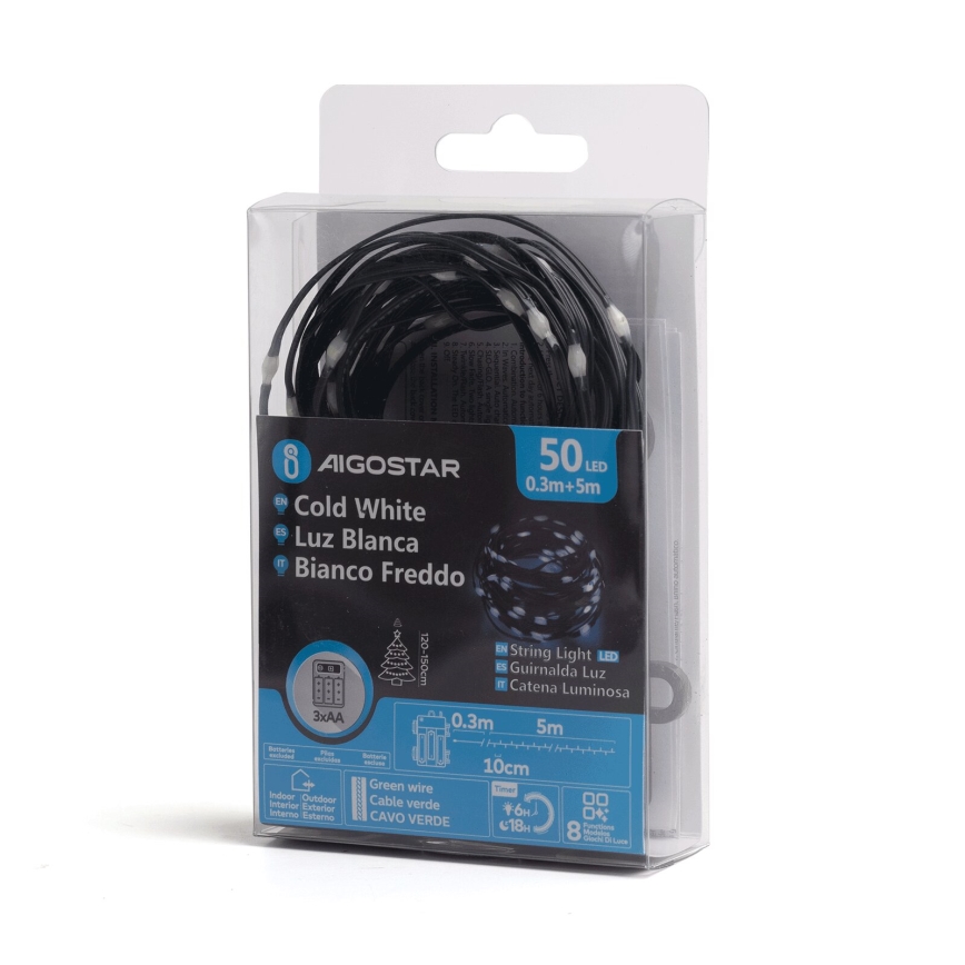 Aigostar -LED udendørs lyskæde 50xLED/8 funktioner 3xAA 5,3m IP44 kold hvid