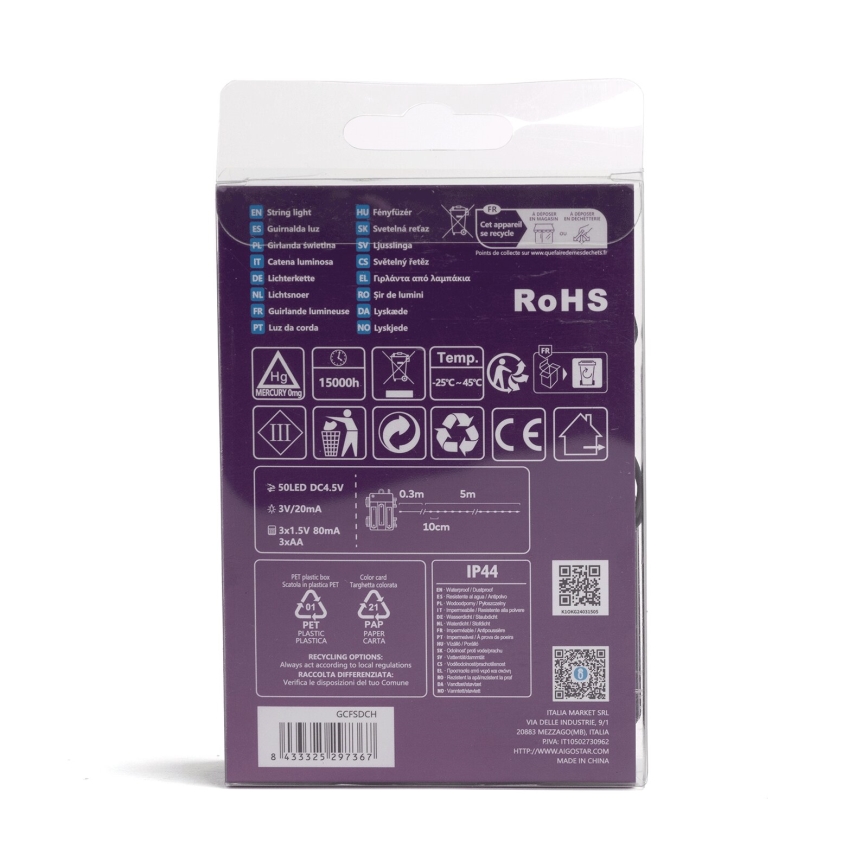 Aigostar - LED udendørs lyskæde 50xLED/8 funktioner 3xAA 5,3m IP44 multifarvet