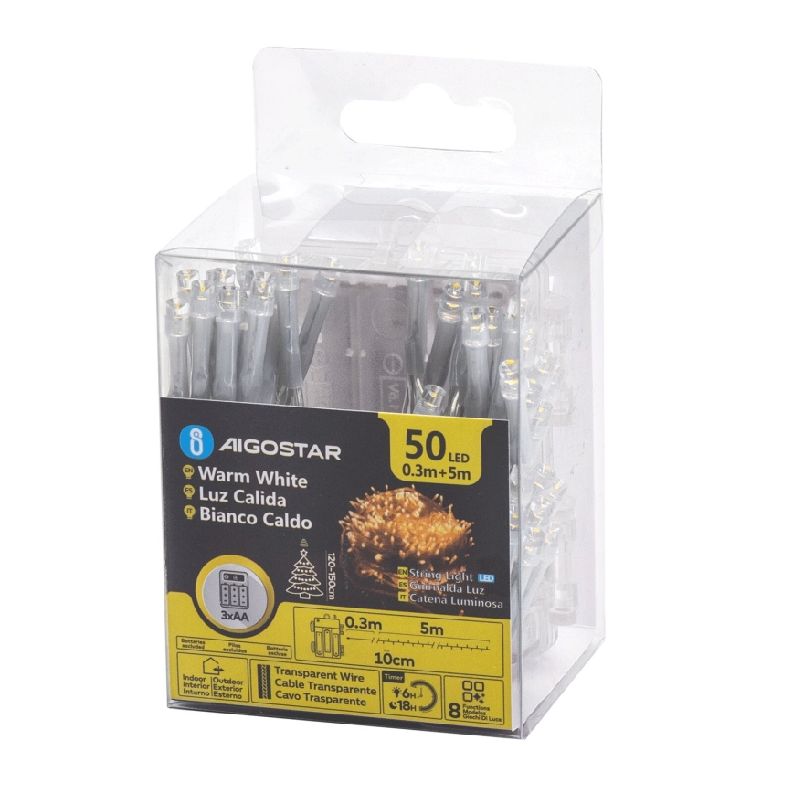 Aigostar - LED Udendørs  lyskæde 50xLED/8 funktioner 3xAA 5,3m IP44 varm hvid