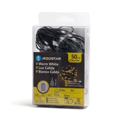 Aigostar - LED udendørs lyskæde 50xLED/8 funktioner 3xAA 5,3m IP44 varmhvid