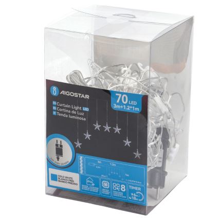 Aigostar - LED udendørs lyskæde 70 LED, 1,2×1 m, IP44, kold hvid, stjerneformede