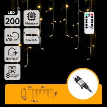 Aigostar - LED udendørs lyskæde til jul 200 LED / 6W / 230V / 8 funktioner 3 x 1 m IP44 varm hvid + fjernbetjening