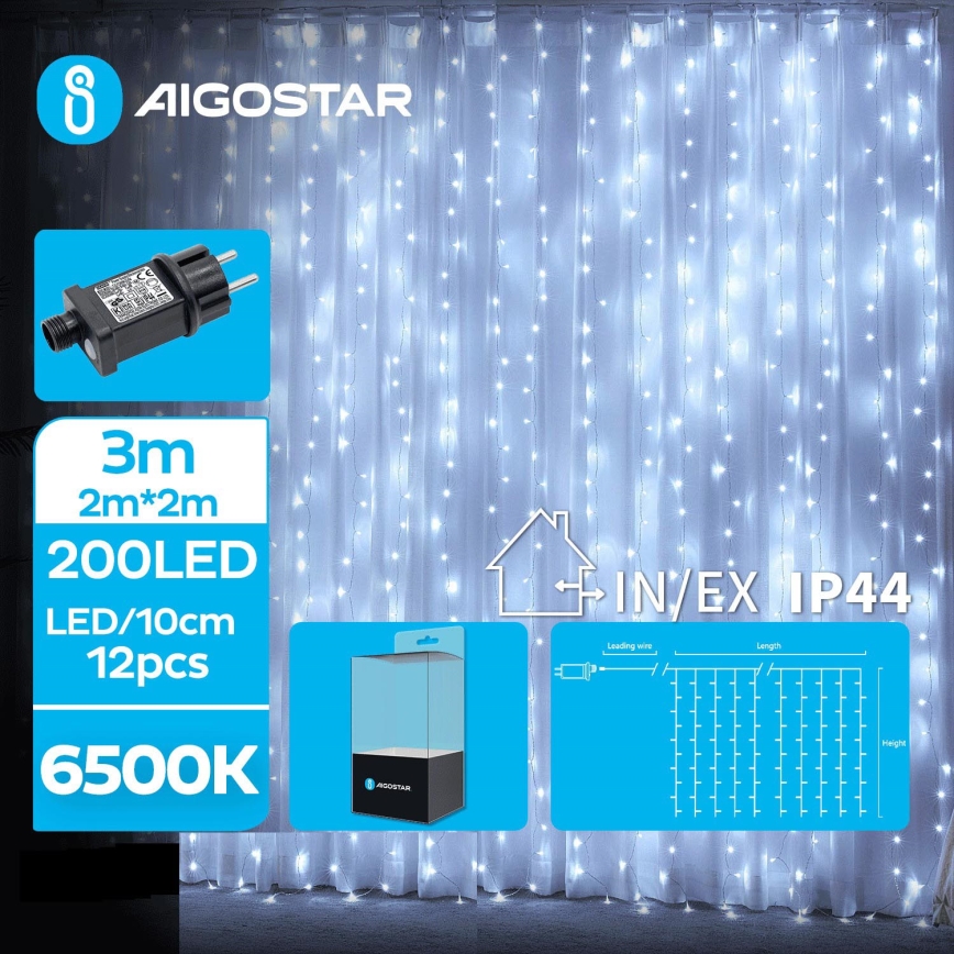 Aigostar - LED udendørs lyskæde til jul, 200 LED, 8 funktioner, 5x2m, IP44, kold hvid