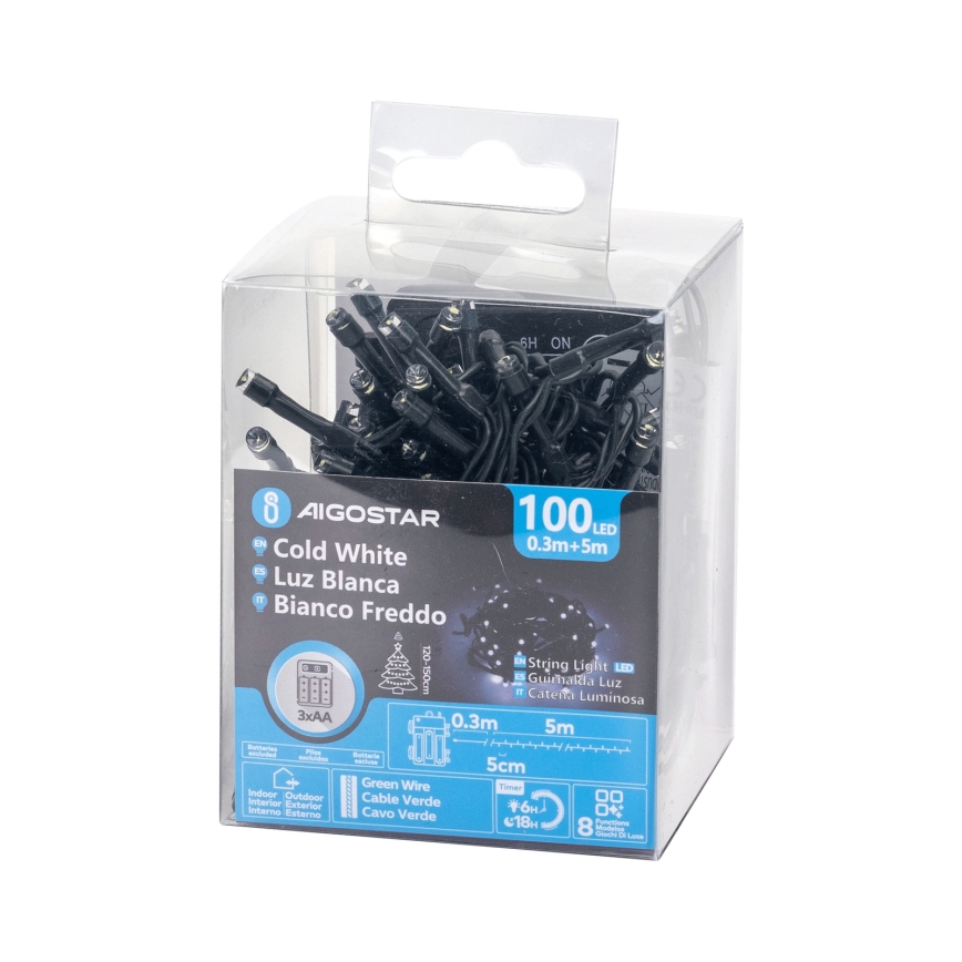 Aigostar - LED udendørs julelyskæde 100xLED/8 funktioner 3xAA 5,3 m IP44 kold hvid