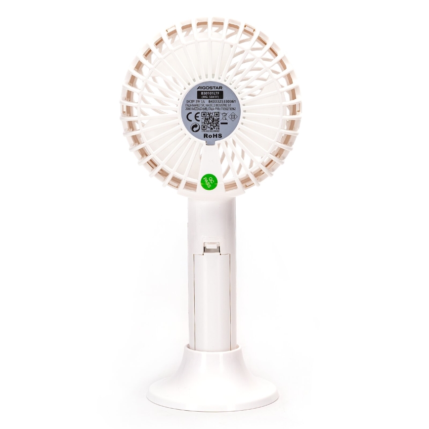Aigostar - Lommeventilator genopladelig 3W/5V 1500mAh USB hvid