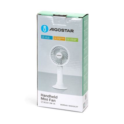 Aigostar - Lommeventilator genopladelig 3W/5V 1500mAh USB hvid