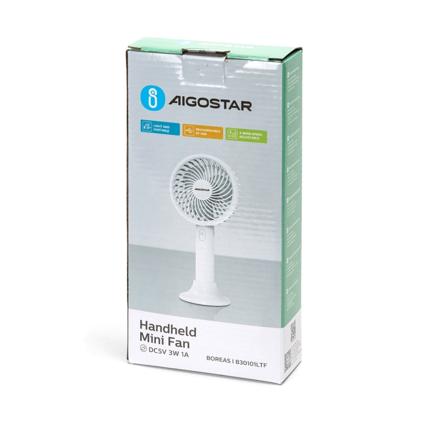 Aigostar - Lommeventilator genopladelig 3W/5V 1500mAh USB hvid