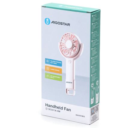Aigostar - Lommeventilator genopladelig 4,5W/3,7V 1200mAh USB lyserød