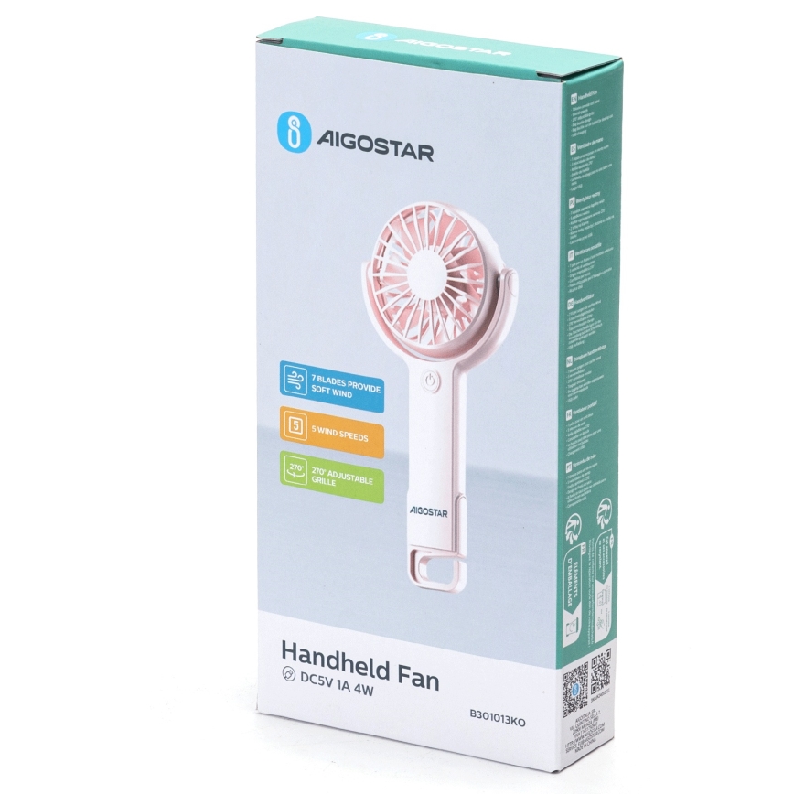 Aigostar - Lommeventilator genopladelig 4,5W/3,7V 1200mAh USB lyserød