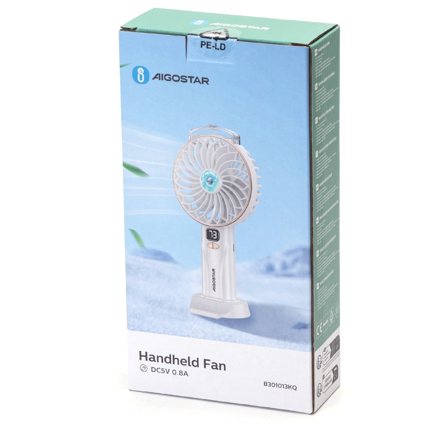 Aigostar - Lommeventilator genopladelig 5W/5V 2400mAh USB hvid