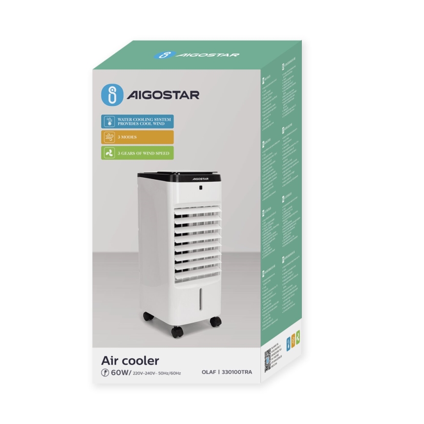 Aigostar - Luftkøler 60W/230V hvid/sort + fjernbetjening