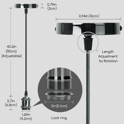Aigostar - Opladningskabel 1xE27/60W/230V antracitgrå