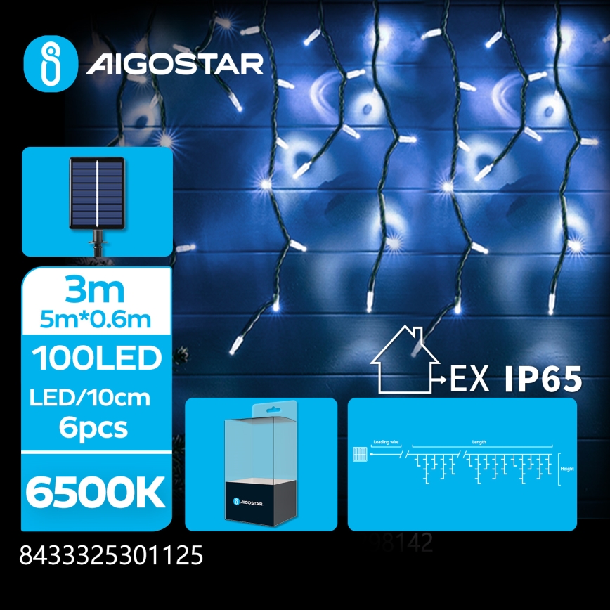 Aigostar - LED solcelle  lyskæde 100xLED/8 funktioner 8x0,6m 500 mAh IP65 kold hvid