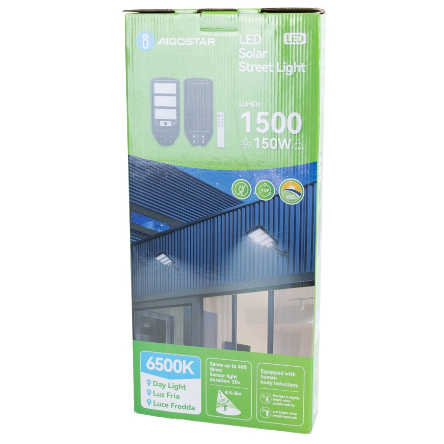 Aigostar - Soldrevet LED gadelampe med sensor LED/150W/3,2V 8000mAh IP65 6500K + fjernbetjening