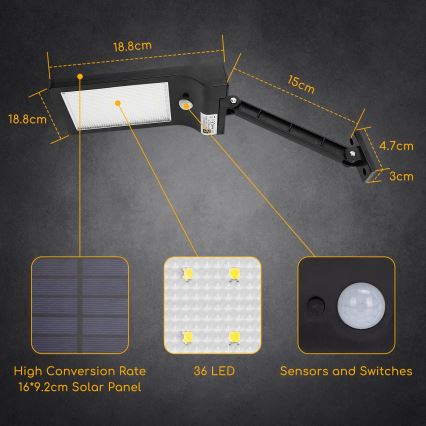 Aigostar - Soldrevet LED gadelampe med sensor LED/2,3W/5,5V 1800 mAh IP65