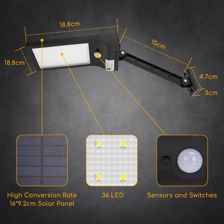 Aigostar - Soldrevet LED gadelampe med sensor LED/2,3W/5,5V 1800 mAh IP65