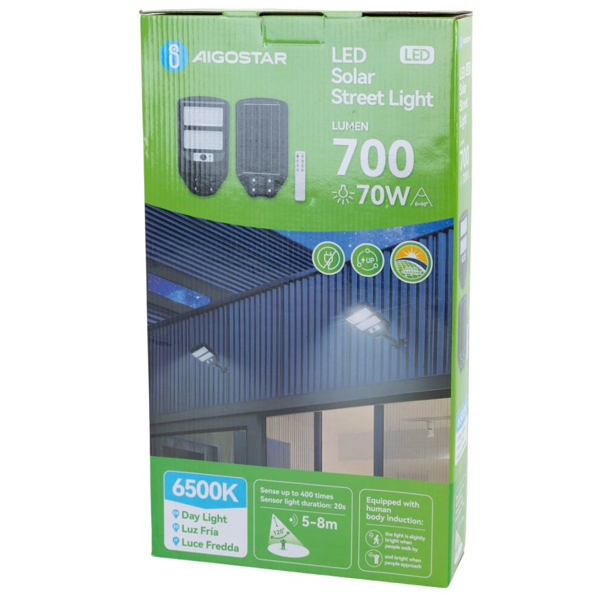 Aigostar - Soldrevet LED gadelampe med sensor LED/70W/3,2V 4000mAh IP65 6500K + fjernbetjening