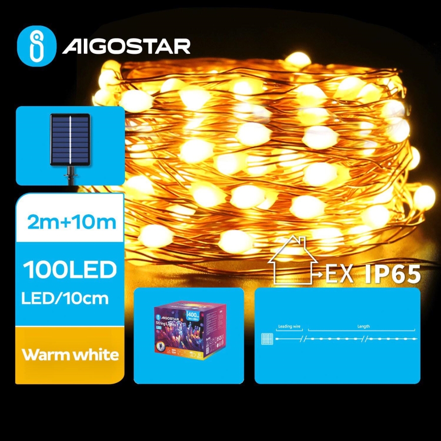 Aigostar - Soldrevet LED-julekæde 100xLED/8 funktioner 12 m 800 mAh IP65 varm hvid