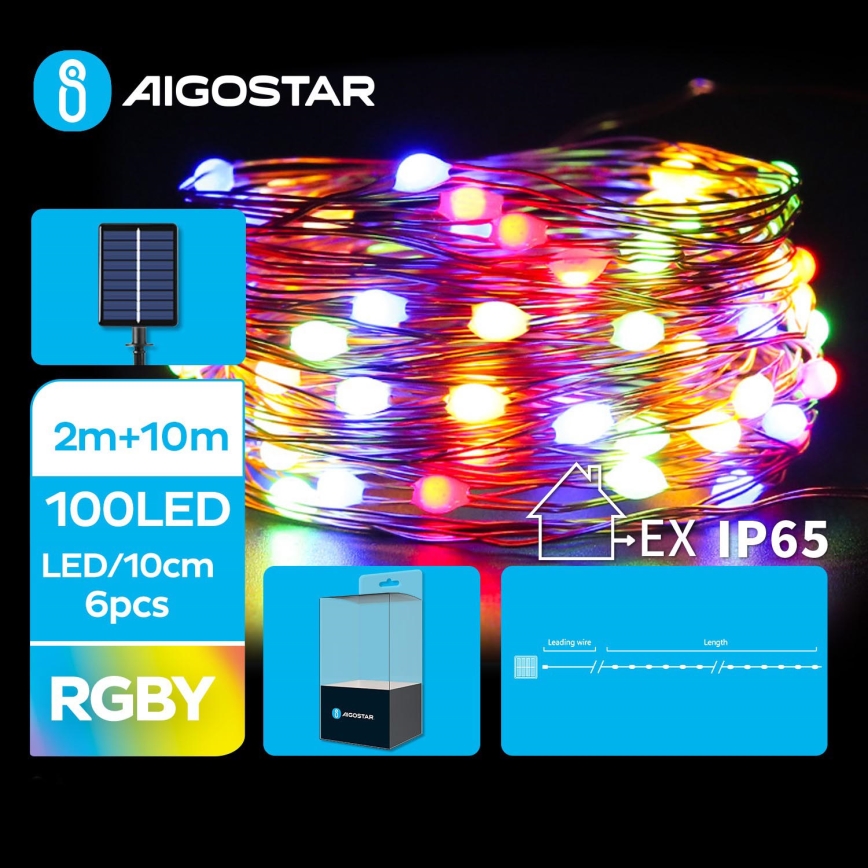 Aigostar - Soldrevet LED-julekæde 100xLED/8 funktioner 12 m IP65 flerfarvet 800 mAh