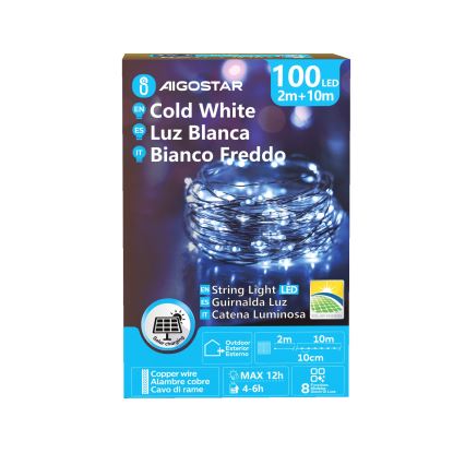 Aigostar - Soldrevet LED-julekæde 100xLED/8 funktioner 12m IP65 800 mAh kold hvid
